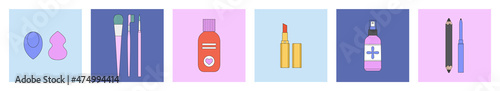 Set of vector illustrations, icons with beauty products. Korean cosmetics. Can be used in magazine, banner, social media publication, highlights, typographic design. Makeup and online shopping concept