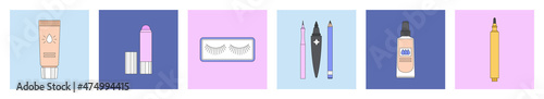Set of vector illustrations, icons with beauty products. Korean cosmetics. Can be used in magazine, banner, social media publication, highlights, typographic design. Makeup and online shopping concept