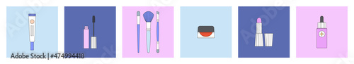 Set of vector illustrations, icons with beauty products. Korean cosmetics. Can be used in magazine, banner, social media publication, highlights, typographic design. Makeup and online shopping concept