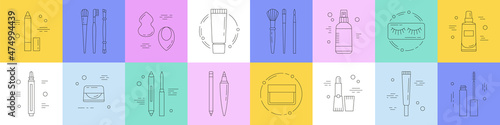 Big set of icons with beauty products. Makeup and Korean cosmetics. Can be used in web, typographic, package design, as highlights etc. Online shopping concept. Colorful vector illustration