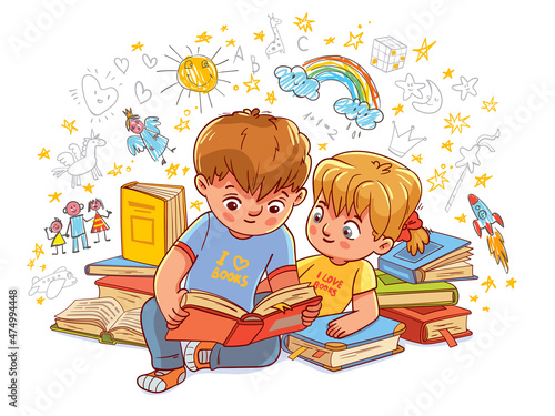 Children learn from books. Boy and girl reading fairy tales together. Colorful cartoon characters. Funny vector illustration. Isolated on white background