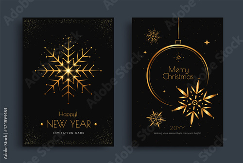 Merry Christmas greeting card design with stylized gold snowflakes and decoration on dark background. New Year invitation poster layout with Golden line illustration