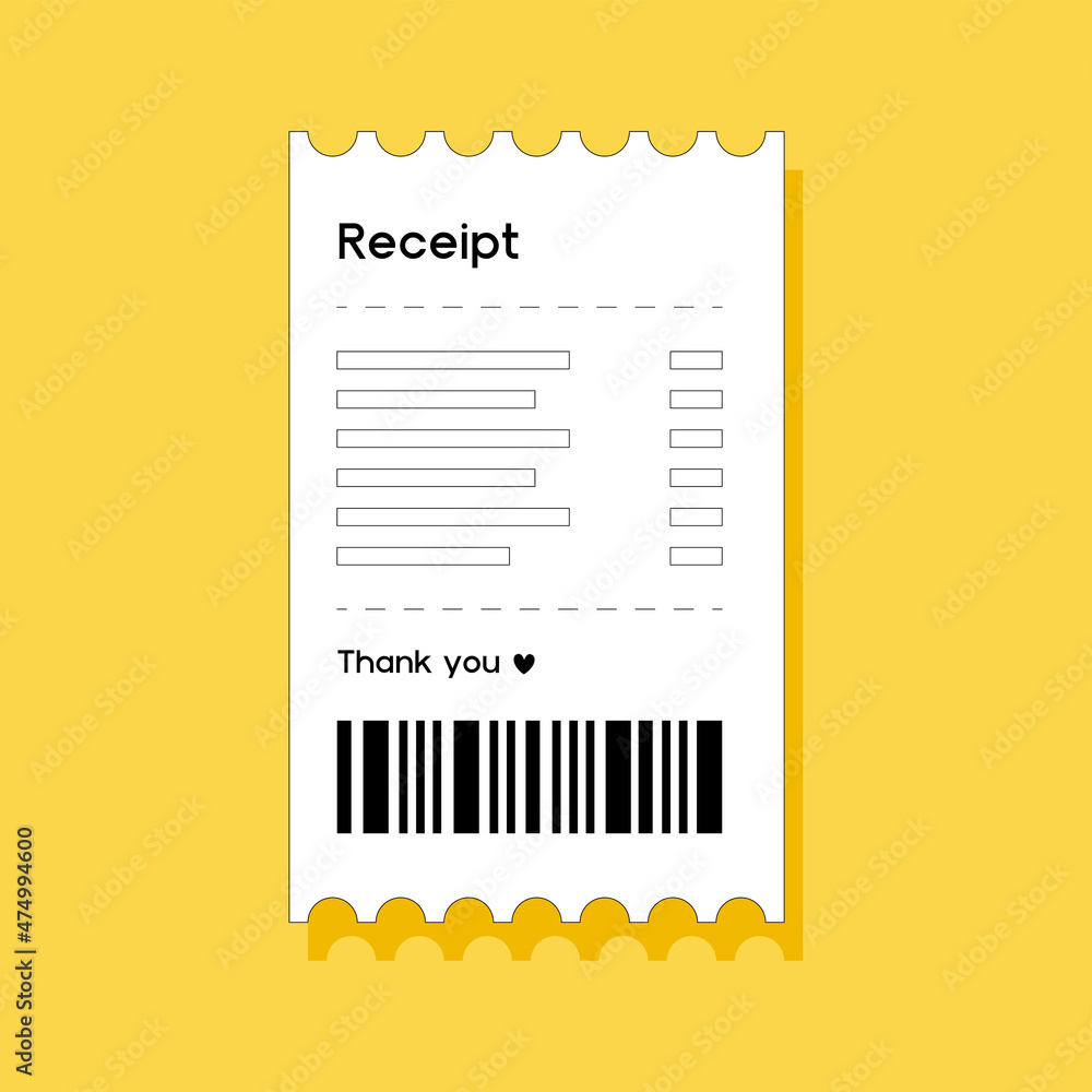 Obraz premium Vector illustration of paper receipt. Paper print cheque, shop receipt, bill illustration with cute 