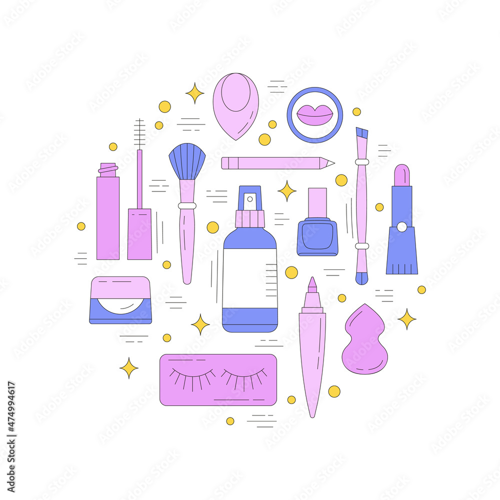 Round composition with beauty products. Makeup and online shopping concept. Vector illustration can be used in articles, banners, flyers, social media publications related to cosmetics. Round composition with beauty products. Makeup and online shopping concept. Vector illustration can be used in articles, banners, flyers, social media publications related to cosmetics.