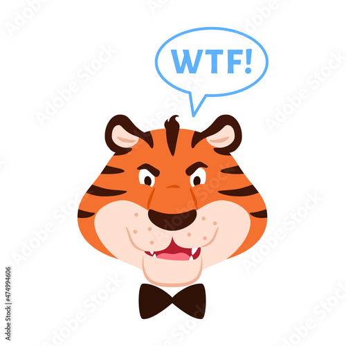 Flat angry roaring tiger muzzle with open mouth and fangs say WTF isolated on white background. Front view. Cute dissatisfied wild cat face. Animal character cartoon head vector illustration.