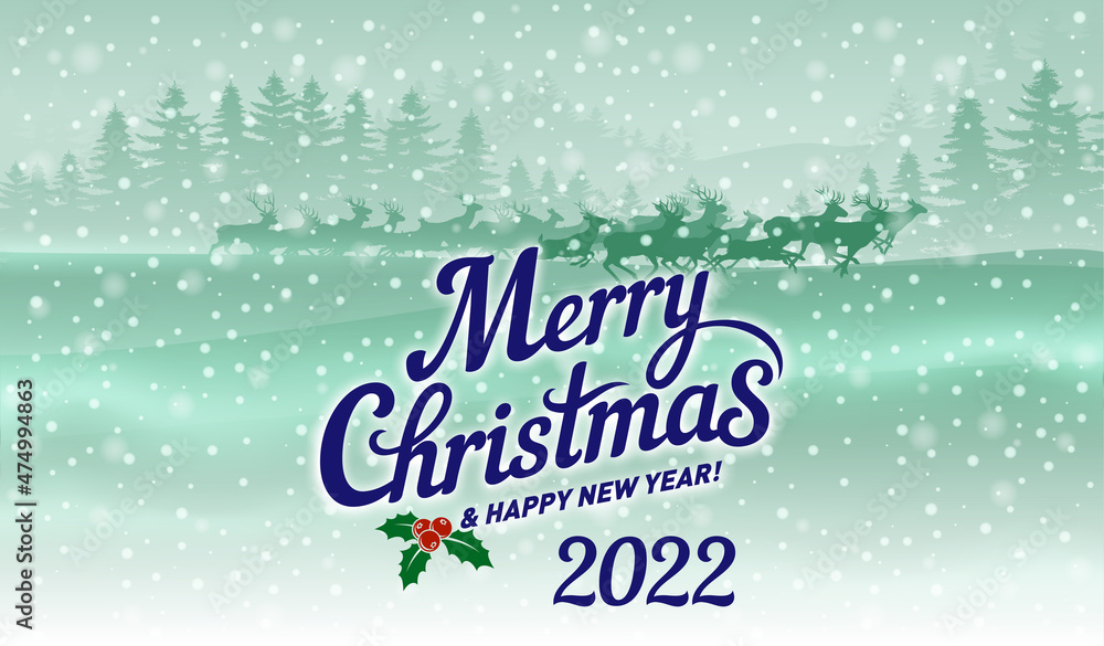 Merry Christmas and Happy New Year 2022 Greeting Card, Poster Running Deers Against the Winter Forest
