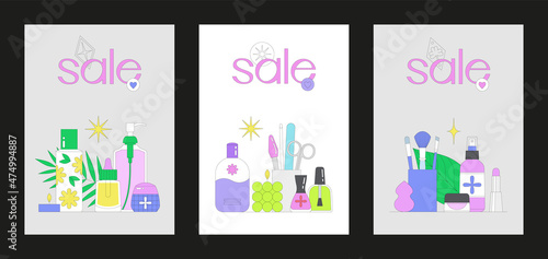 Banner template set with with beauty products. Makeup, manicure and skin care concept. Online shopping. Korean cosmetics. Season sale. Vector illustration. Can be used in web and typographic design.