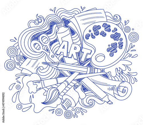 Art Objects Set. Items for creativity. Hand drawn doodles in a notebook with a pen. Isolated on white background