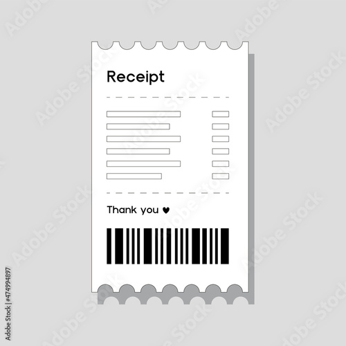 Vector illustration of paper receipt. Paper print cheque, shop receipt, bill illustration with cute "Thank you" quote for customer. Online shopping and finances concept.