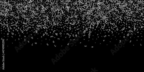 Falling numbers, big data concept. Binary white messy flying digits. Wondrous futuristic banner on black background. Digital vector illustration with falling numbers.