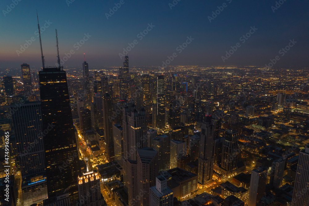 Chicago Skyline Aerial View Dawn - John Handcock Building in Foreground