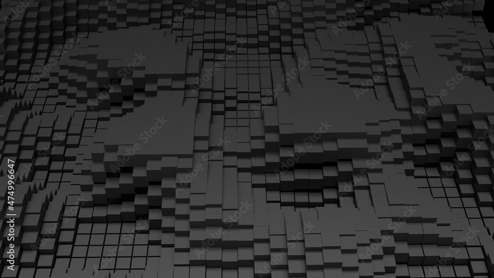 Abstract background with waves made of a lot of black cubes geometry primitive forms that goes up and down under black-white lighting. 3D illustration. 3D CG. High resolution. Abstract background with waves made of a lot of black cubes geometry primitive forms that goes up and down under black-white lighting. 3D illustration. 3D CG. High resolution.