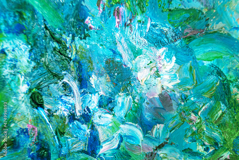 Naklejka premium Multicolored large strokes of oil paint in blue, gteen shades on canvas, close up. Creative conception of abstract and bright background. Palette of artist.
