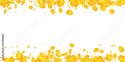 American dollar coins falling. Favorable scattered USD coins. USA money. Admirable jackpot, wealth or success concept. Vector illustration.