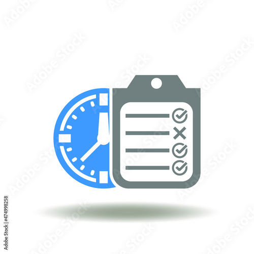 Vector illustration of checklist with check, cross marks and clock. Icon of attendance. Symbol of questionnaire, vote, exam.