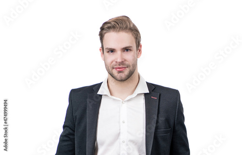 Portrait of legal professional man smiling in formal wear isolated on white, lawyer © Olena