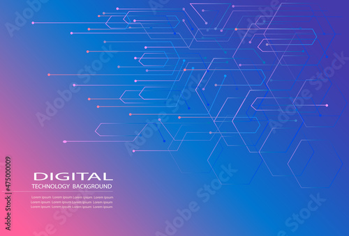 Digital technology banner pink blue background with technology line light effects, abstract tech, illustration