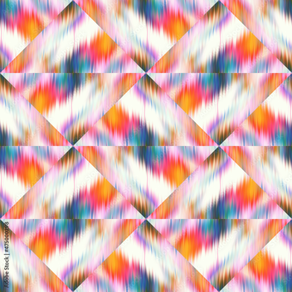 Obraz Optical glitch triangle tie dye geometric texture background. Seamless liquid flow effect patchwork grid material. Modern wet washy variegated fluid blur pattern.