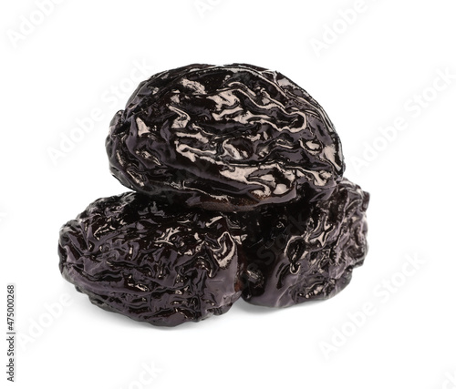 Sweet dried prunes on white background. Healthy snack