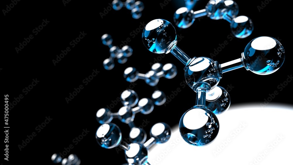 Clear glass Molecular structure  under blue flash lighting background. Concept image of Genetic Test. 3D illustration. 3D high quality rendering. 3D CG.