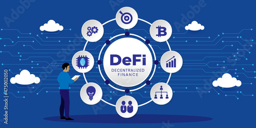 DeFi, Decentralized Finance Concept With icons. Cartoon Vector People Illustration