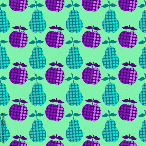 Blue pears and purple apples with a pattern of dots. Fruit pattern on a green background. Vector illustration. For covers, prints, packaging, flyers, fabrics, the fashion industry and shops.