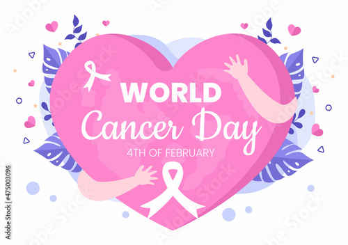 World Cancer Day with Ribbon Flat Vector Illustration. Inform the Public About Disease Awareness on February 4th Through Campaign Background or Poster
