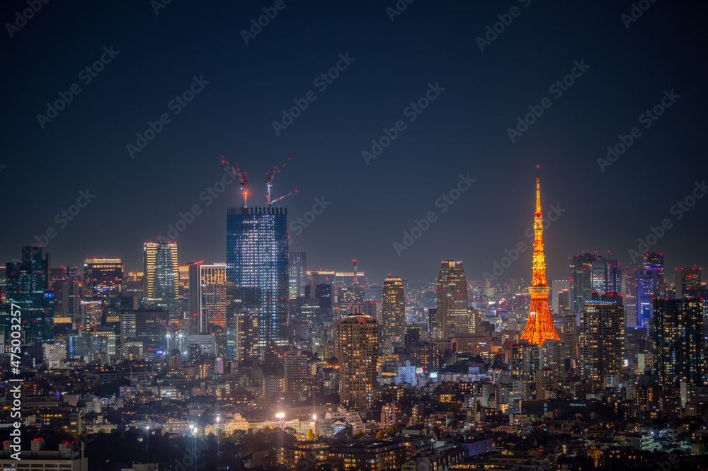 Naklejka premium 東京都渋谷区恵比寿の高層ビルから見た夜の東京の都市景観