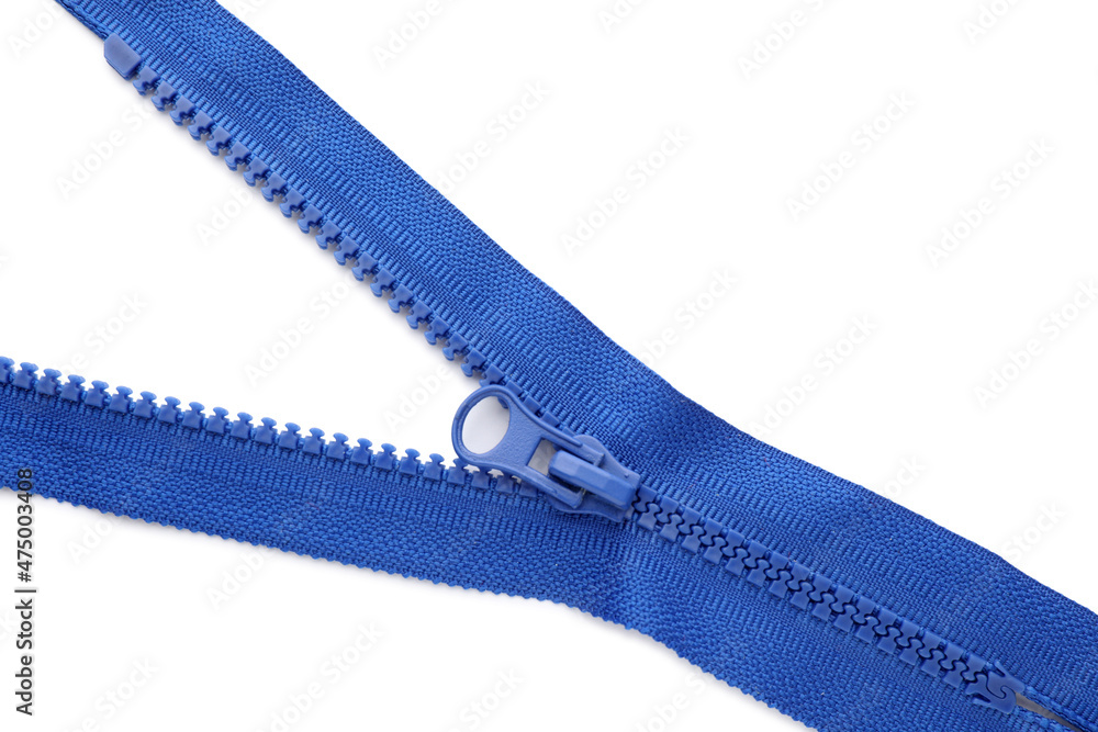Blue zipper on white background, top view Blue zipper on white background, top view