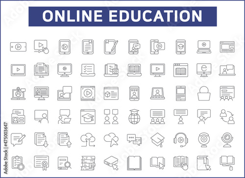 Set of online education and e-learning line style. It contains such as e-book, lessons, webinar, video, teaching, training, mobile, tutorial, computer and other elements.
