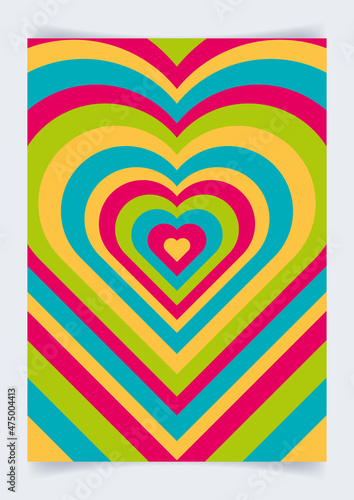 Love rainbow background in the form of concentric bright hearts radiating from the center. Abstract creative romantic pattern. Valentine's day simbol, decoration. Poster, cover, card, invitation