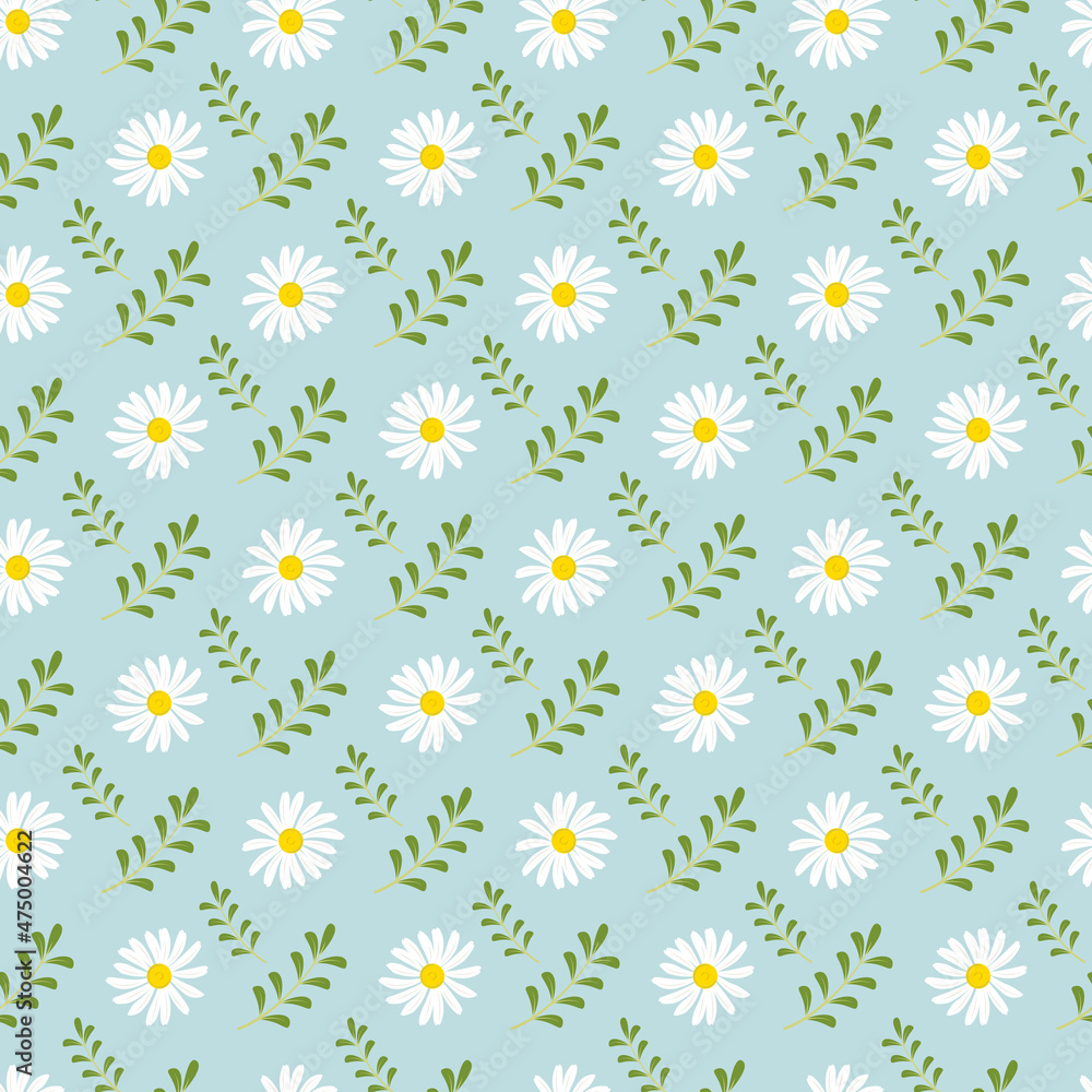 Summer seamless pattern with chamomiles and leaves. Cute romantic prince with flowers. Spring background with daisies. Vector illustration