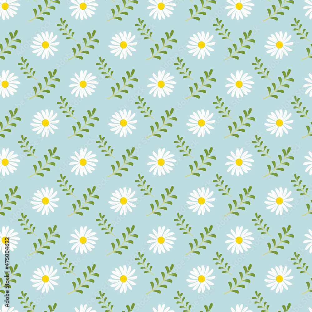 Summer seamless pattern with chamomiles and leaves. Cute romantic prince with flowers. Spring background with daisies. Vector illustration Summer seamless pattern with chamomiles and leaves. Cute romantic prince with flowers. Spring background with daisies. Vector illustration