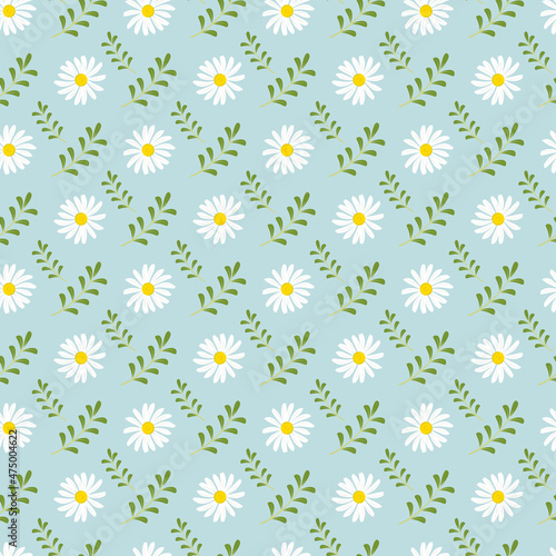 Summer seamless pattern with chamomiles and leaves. Cute romantic prince with flowers. Spring background with daisies. Vector illustration