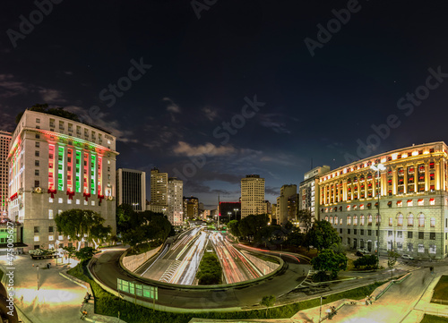Sao Paulo, Brazil December 12 2021. Panoramic view of Anhangabau Valley, city hall building, Light Shopping mall, and entrance of Anhangabau Tunnel and 23 de Maio Avenue in downtown Sao Paulo
