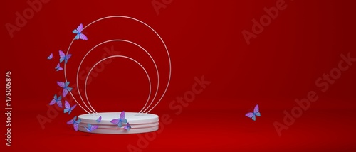 Red background with a round stand for objects, rings and butterflies. Valentine's day. An empty space under the text. 3d illustration