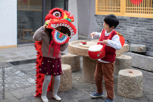 Chinese traditional lion dancing photo