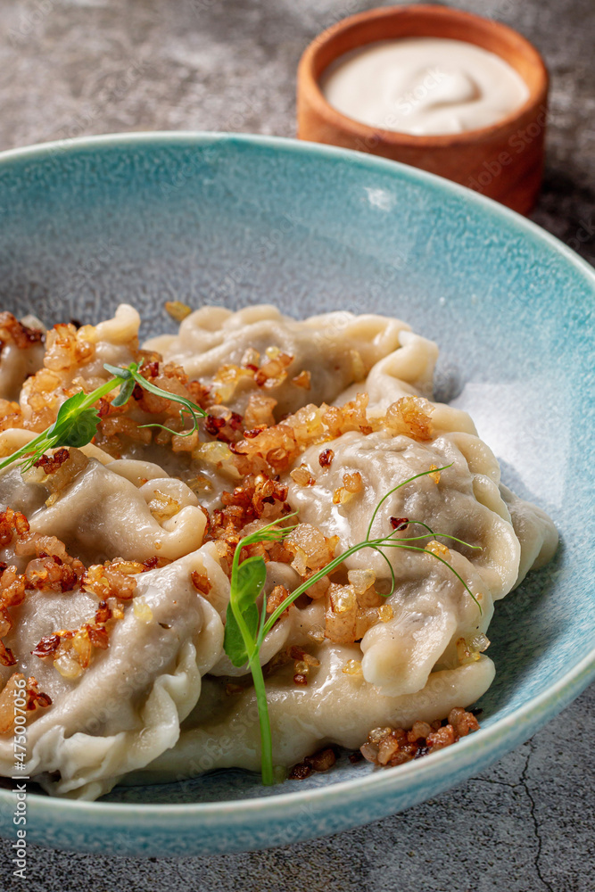 Meat dumplings with spices on a plate with greens against the background of a gray stone table Meat dumplings with spices on a plate with greens against the background of a gray stone table
