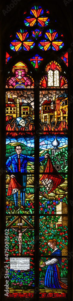 Stained-glass window depicting Franz Jägerstätter, an Austrian conscientious objector during World War II. Votivkirche – Votive Church, Vienna. 2020-07-29.