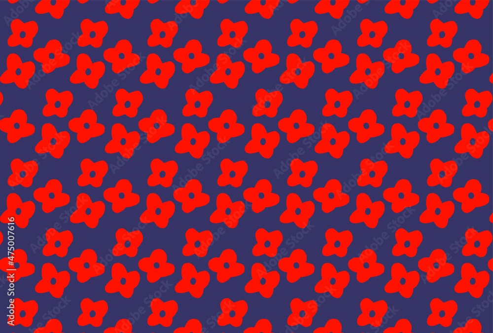 北欧風の紺と赤の花柄の壁紙
