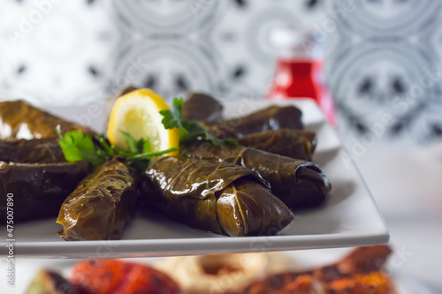 A view of a plate of stuffed grape leaves. photo