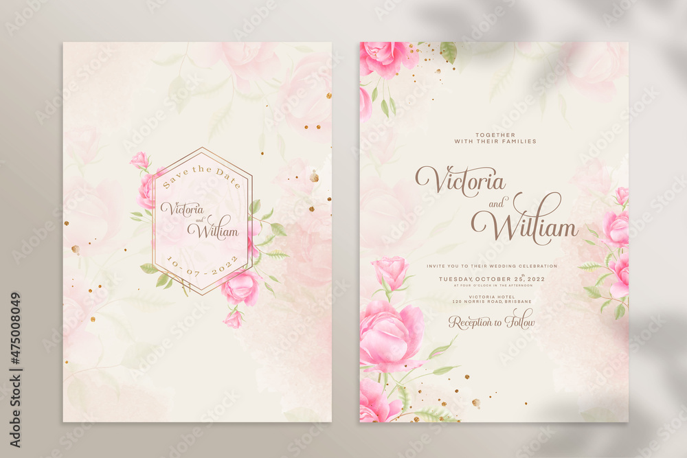 Double Sided Floral Wedding Invitation Template with Pink Rose