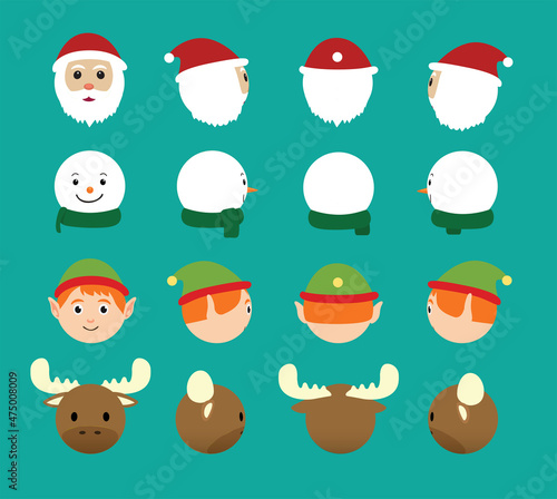 3D Ball Head Christmas Characters Set Santa Elf Reindeer Snow Man Rotation Cartoon Vector Illustration