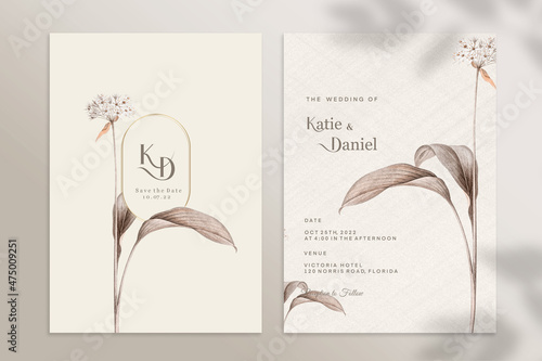 Double Sided Floral Wedding Invitation Template with Brown Flower