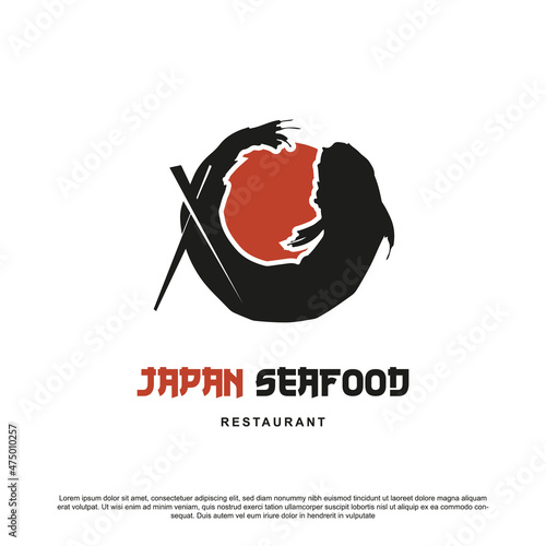 Creative japan seafood logo design.  a black circle that forms a fish and a red circle with chopstick vector