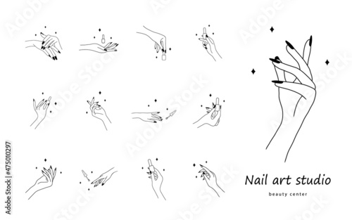 Female manicured hands. Manicure logo. Nail polish. Vector Illustration of elegant female hand in trendy minimalist style.