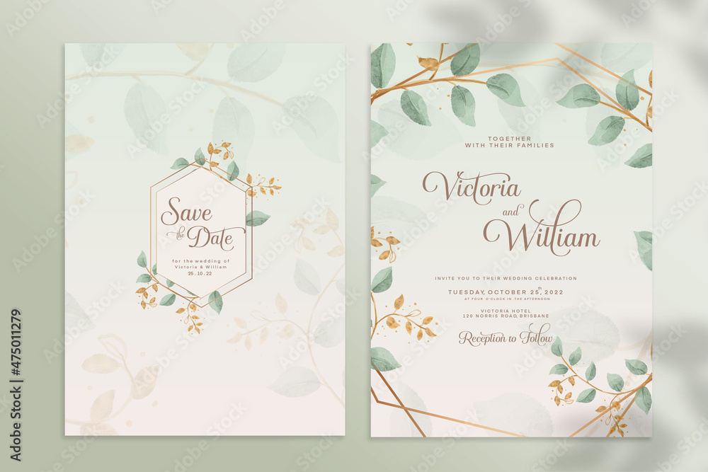 Double Sided Floral Wedding Invitation Template with Green Leaves