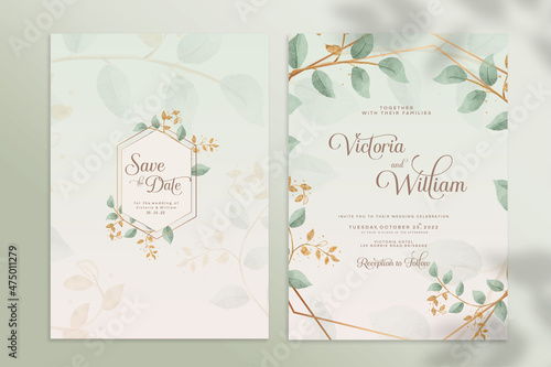 Double Sided Floral Wedding Invitation Template with Green Leaves