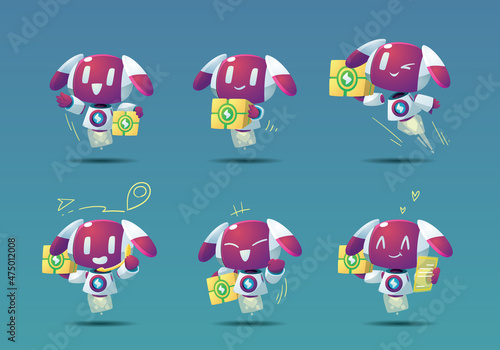little flying white modern robot mascot character dilivery object