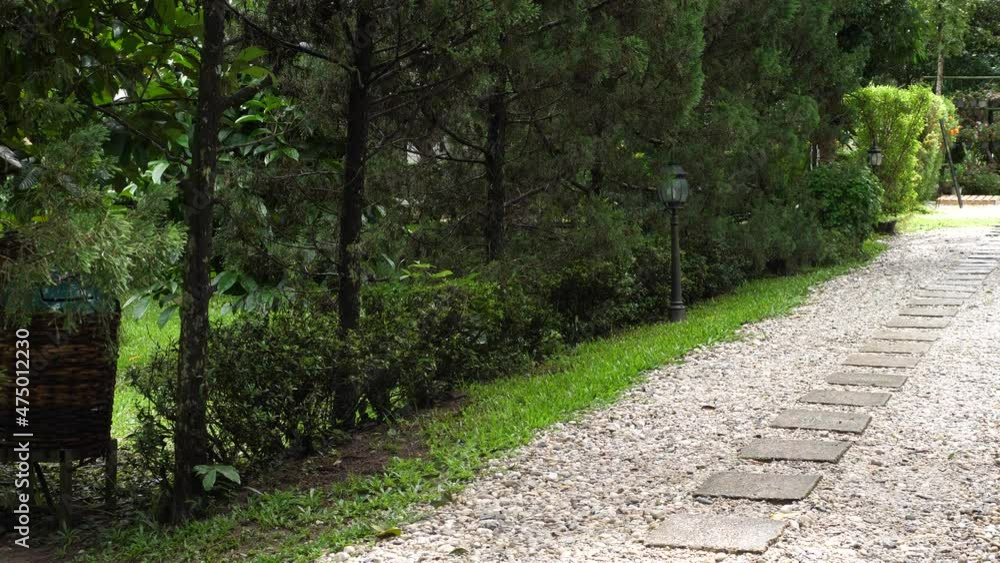 Stone walkway in a marvelous flowered botanical garden, back zoom Stone walkway in a marvelous flowered botanical garden, back zoom